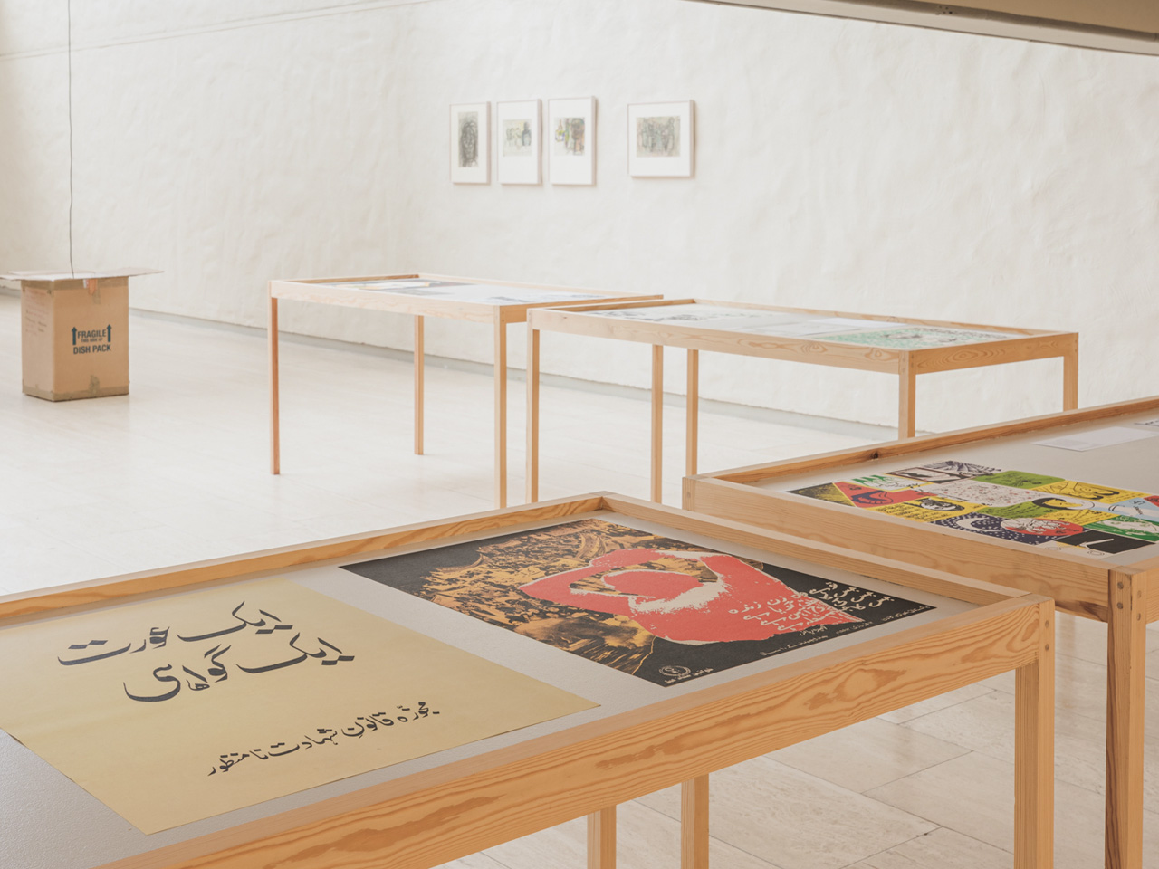 Posters displayed on tables