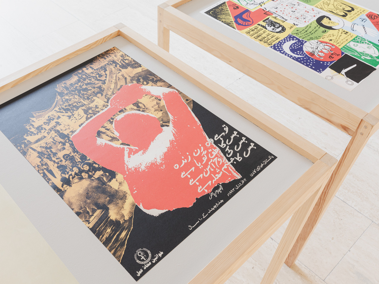 Posters displayed on tables